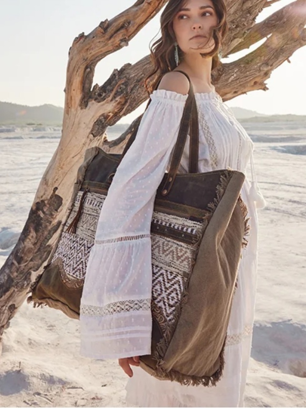 Myra Losi Boho Fringe Tote Bag in Olive Green